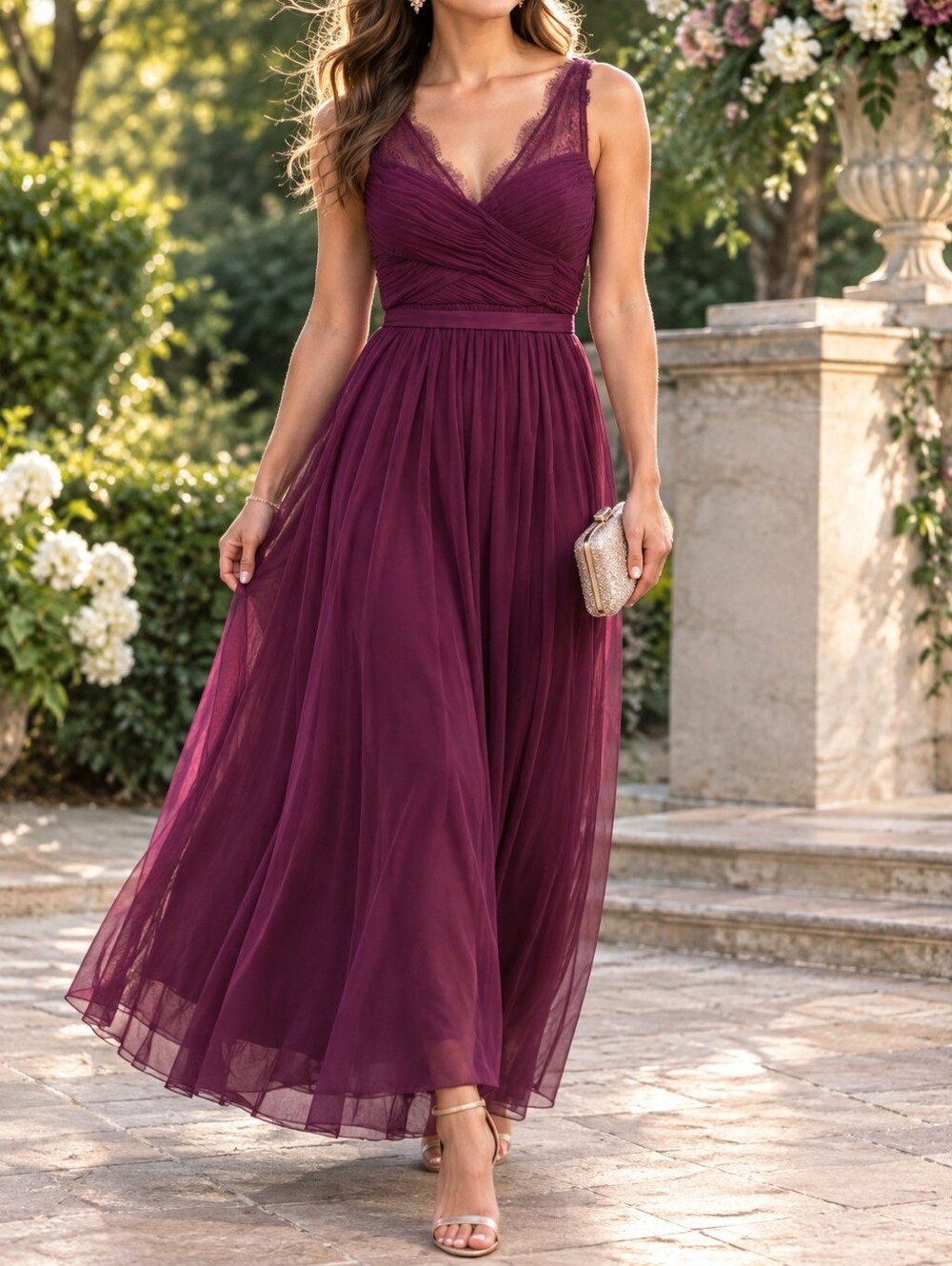 Anthropologie BHLDN Hitherto Plum Chiffon Lace Maxi Dress Formal Gown